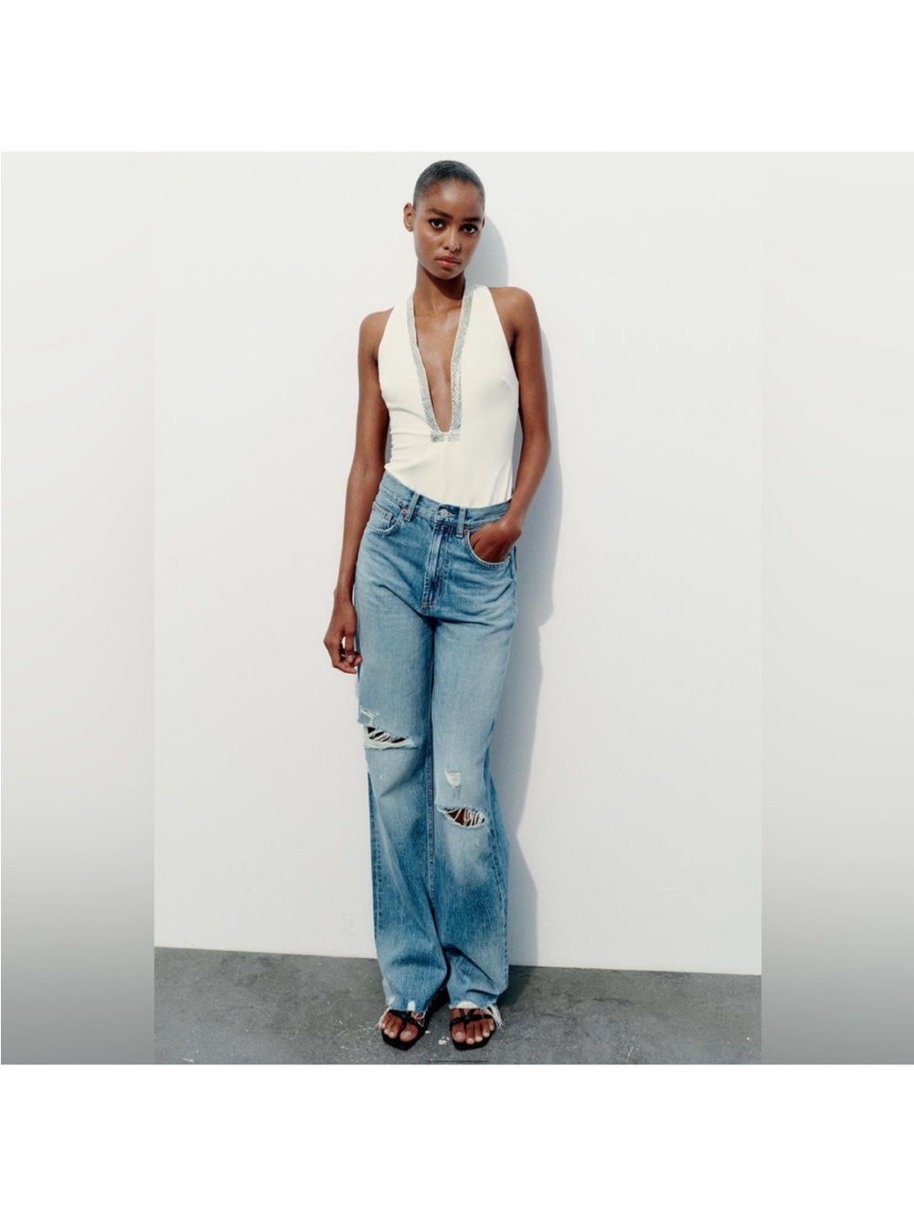 Zara Cream Bodysuit with Silver Trim V-Neck